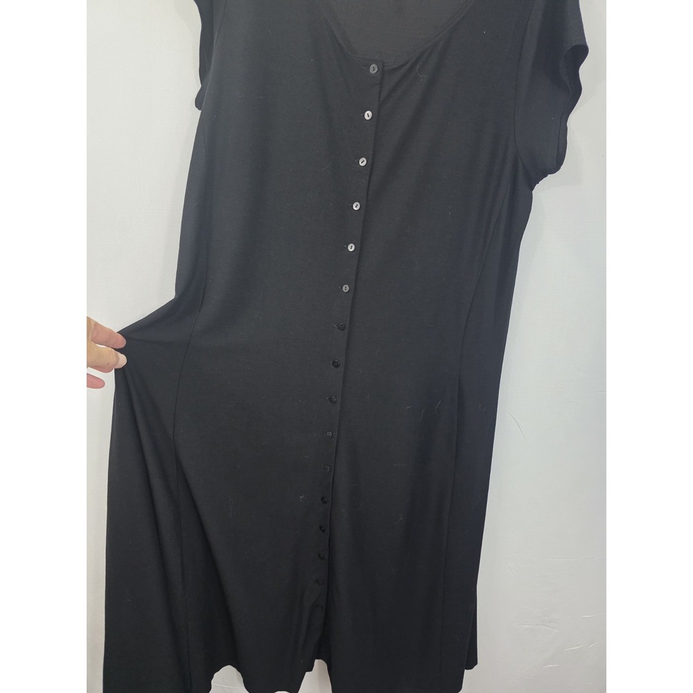 Vntg Eileen Fisher M Dress Black LBD Button Front Minimalist Career Cap Sleeve